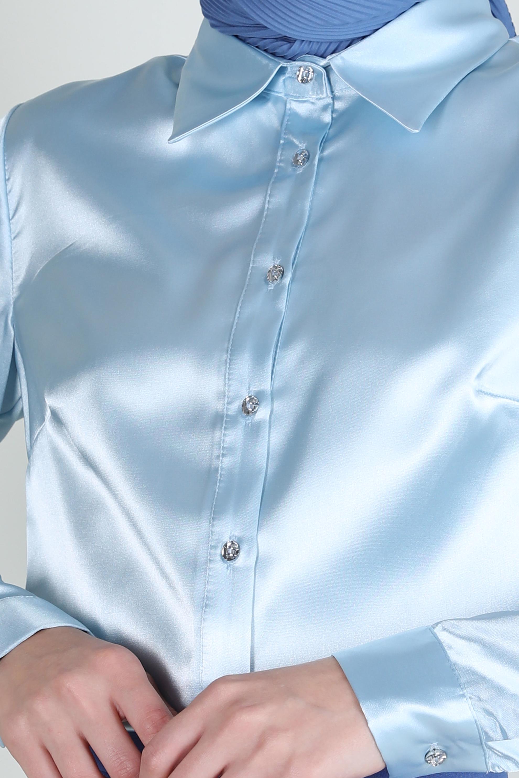 Vêtements hijab BLEU BLOUSE EN SATIN À BOUTONS 43755